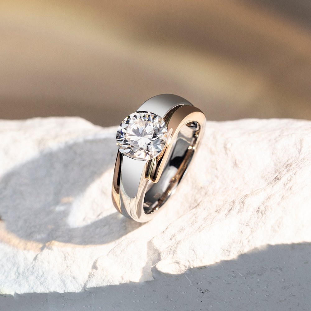 Aurora Geometry Round Cut Lab Grown Diamond 3CT Solitaire E VVS2 18K White Gold Ring MSR-1676