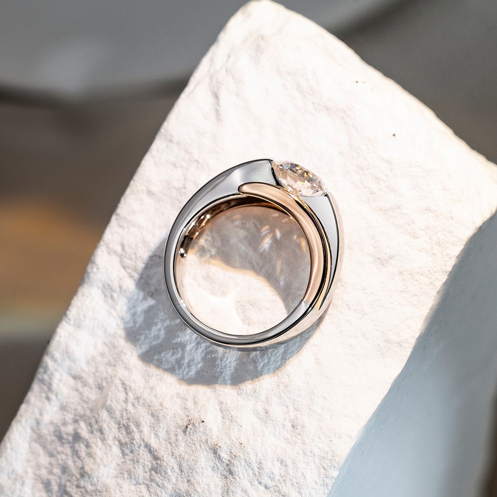 Aurora Geometry Round Cut Lab Grown Diamond 3CT Solitaire E VVS2 18K White Gold Ring MSR-1676