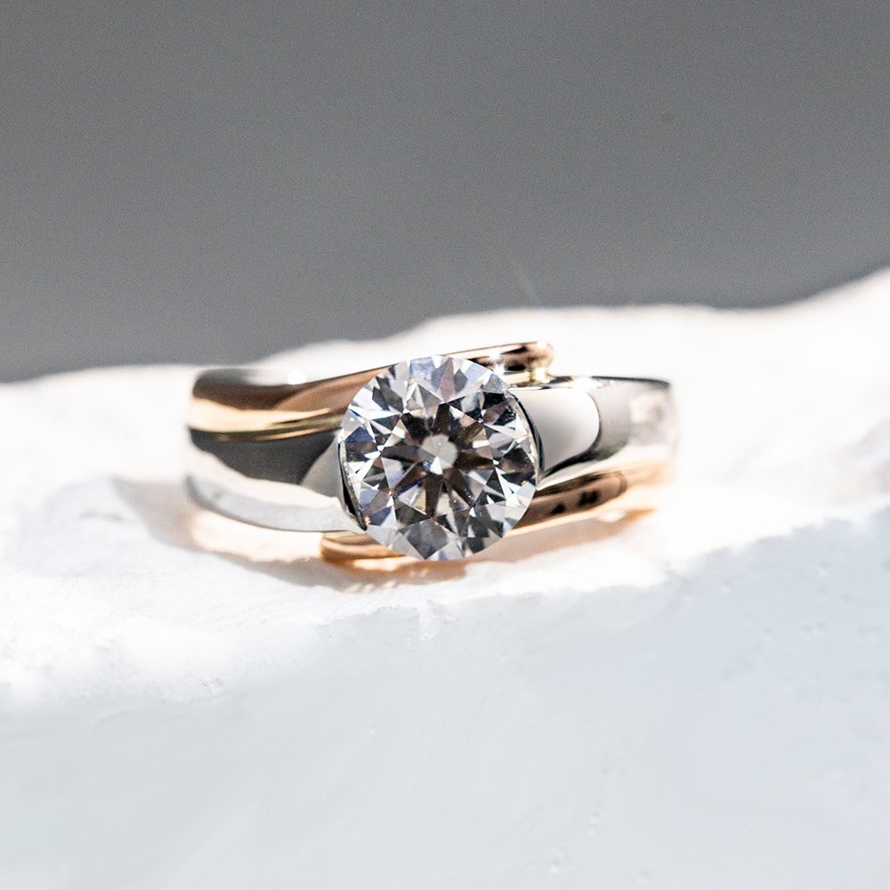 Aurora Geometry Round Cut Lab Grown Diamond 3CT Solitaire E VVS2 18K White Gold Ring MSR-1676