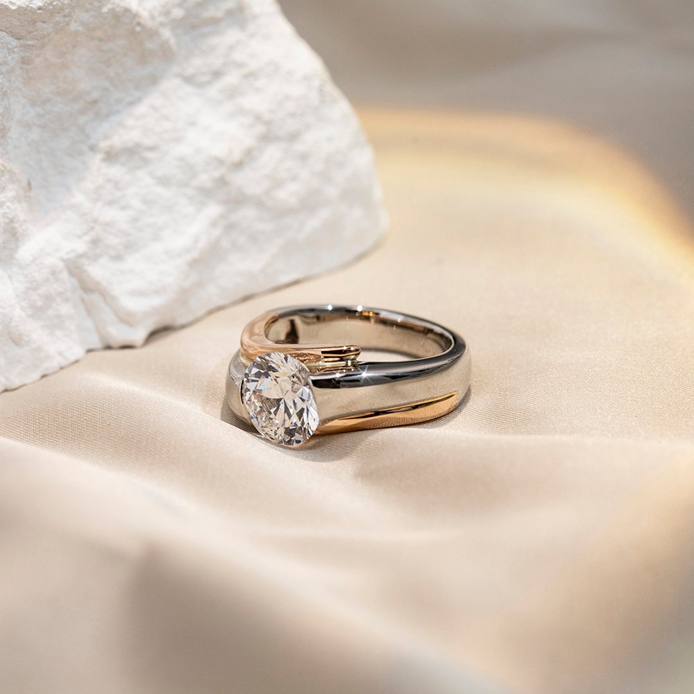 Aurora Geometry Round Cut Lab Grown Diamond 3CT Solitaire E VVS2 18K White Gold Ring MSR-1676