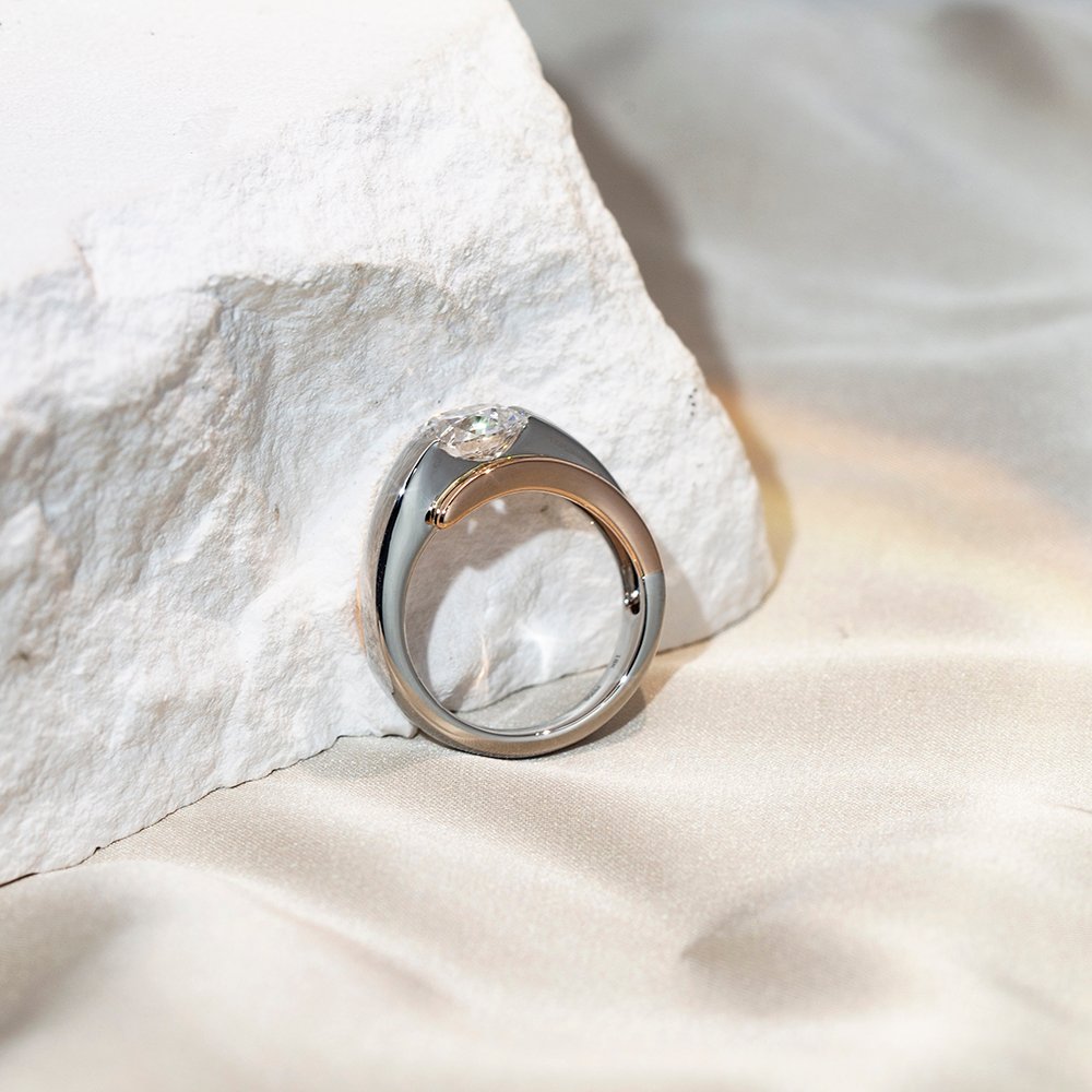 Aurora Geometry Round Cut Lab Grown Diamond 3CT Solitaire E VVS2 18K White Gold Ring MSR-1676