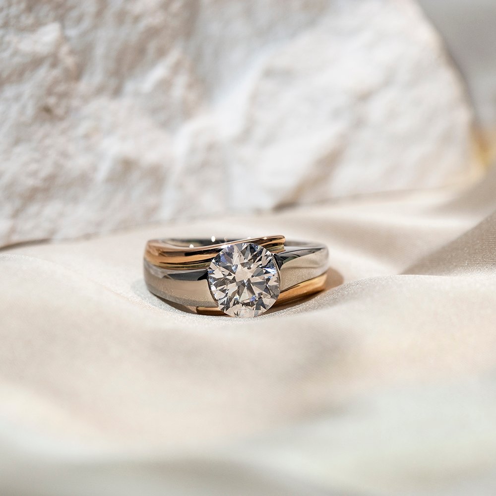 Aurora Geometry Round Cut Lab Grown Diamond 3CT Solitaire E VVS2 18K White Gold Ring MSR-1676