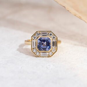 Aurora Geometry Asscher Cut Lab Grown Sapphire 2.5CT Halo 18K Yellow Gold Ring MSR-1679