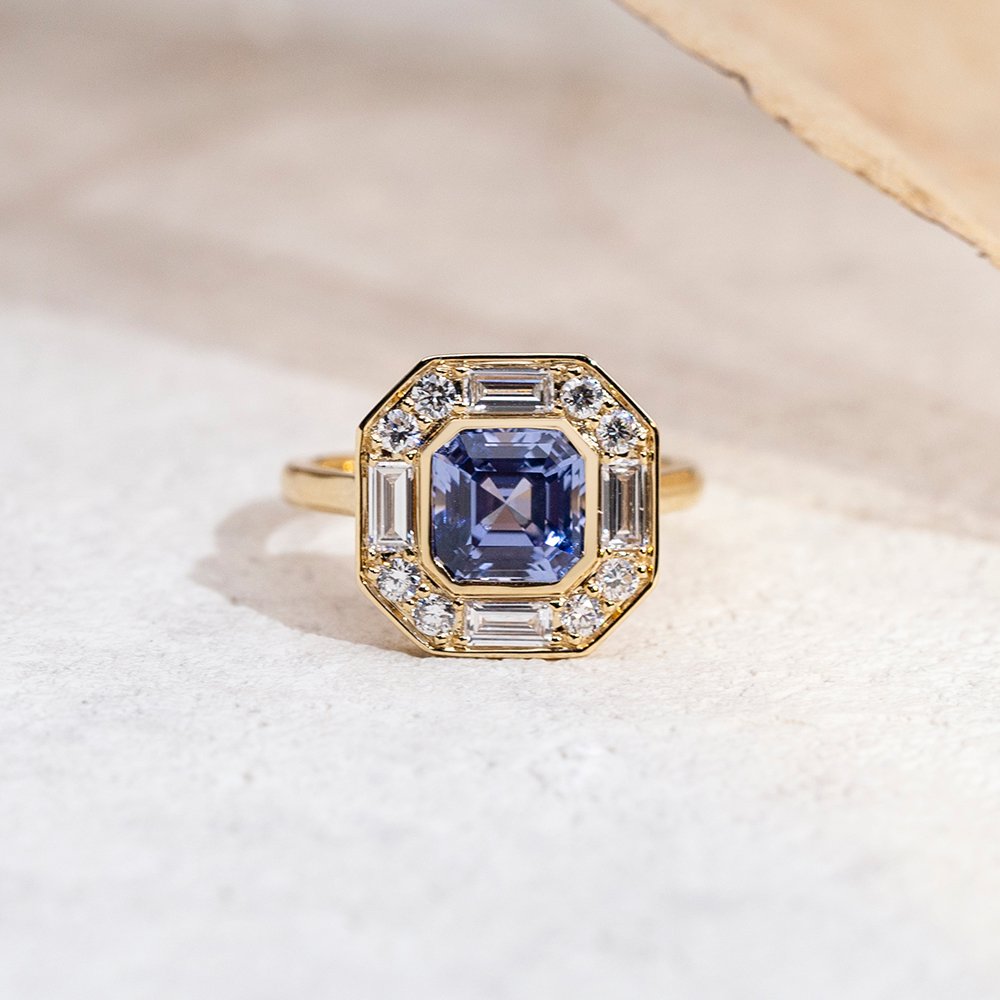 Aurora Geometry Asscher Cut Lab Grown Sapphire 2.5CT Halo 18K Yellow Gold Ring MSR-1679