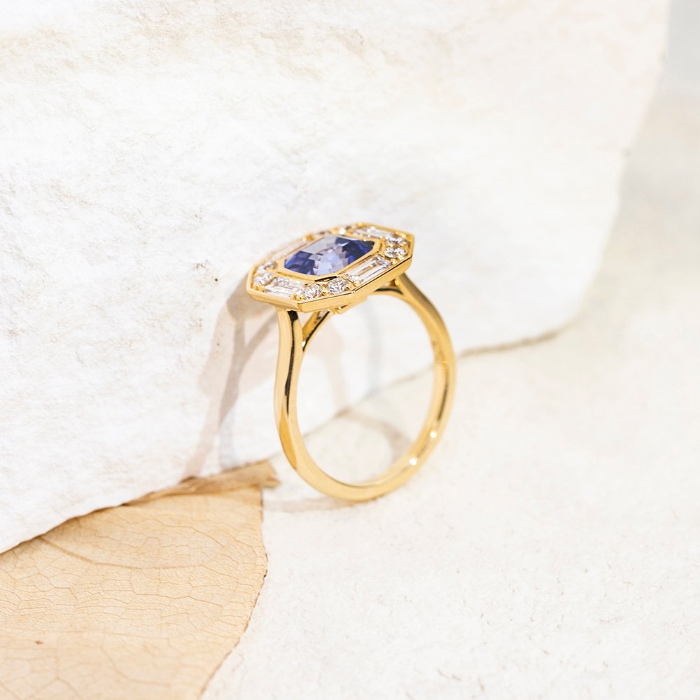 Aurora Geometry Asscher Cut Lab Grown Sapphire 2.5CT Halo 18K Yellow Gold Ring MSR-1679