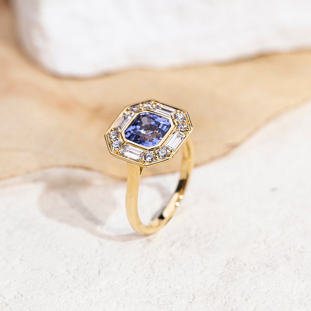 Aurora Geometry Asscher Cut Lab Grown Sapphire 2.5CT Halo 18K Yellow Gold Ring MSR-1679