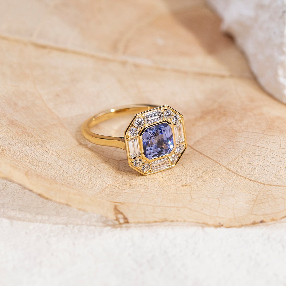 Aurora Geometry Asscher Cut Lab Grown Sapphire 2.5CT Halo 18K Yellow Gold Ring MSR-1679