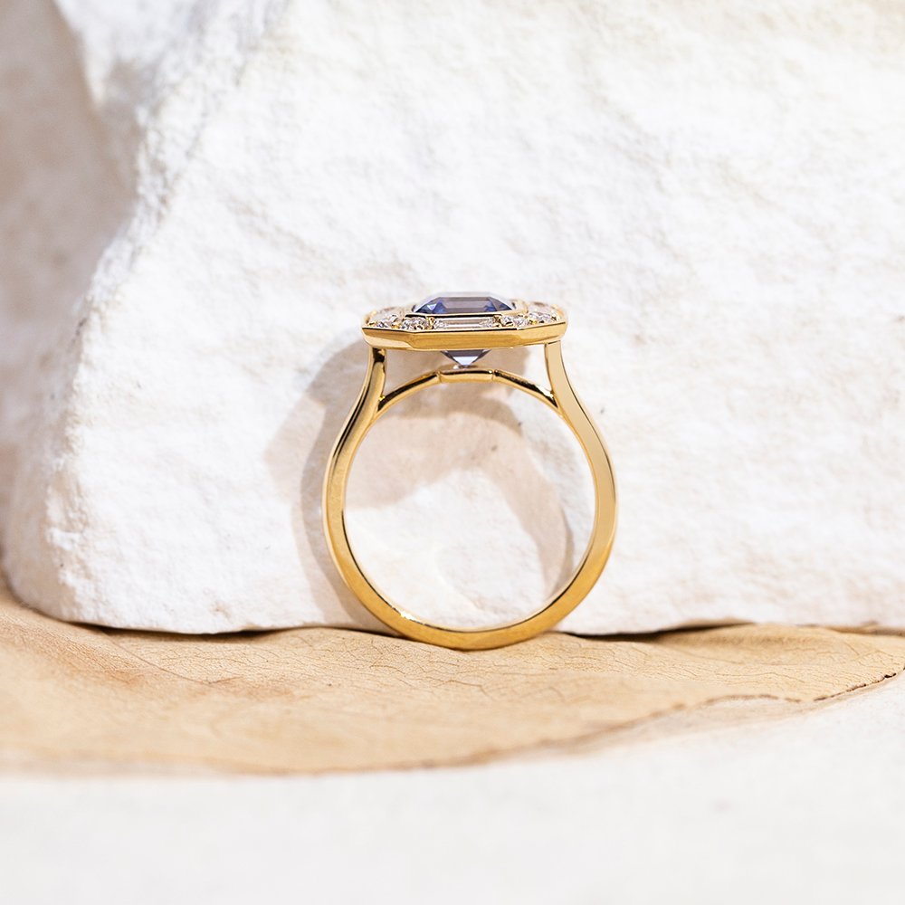 Aurora Geometry Asscher Cut Lab Grown Sapphire 2.5CT Halo 18K Yellow Gold Ring MSR-1679