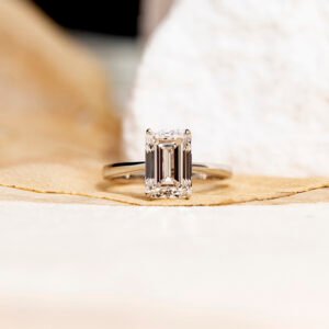Aurora Geometry Emerald Cut Lab Grown Diamond 3CT Solitaire E VVS2 18K White Gold Ring MSR-1680
