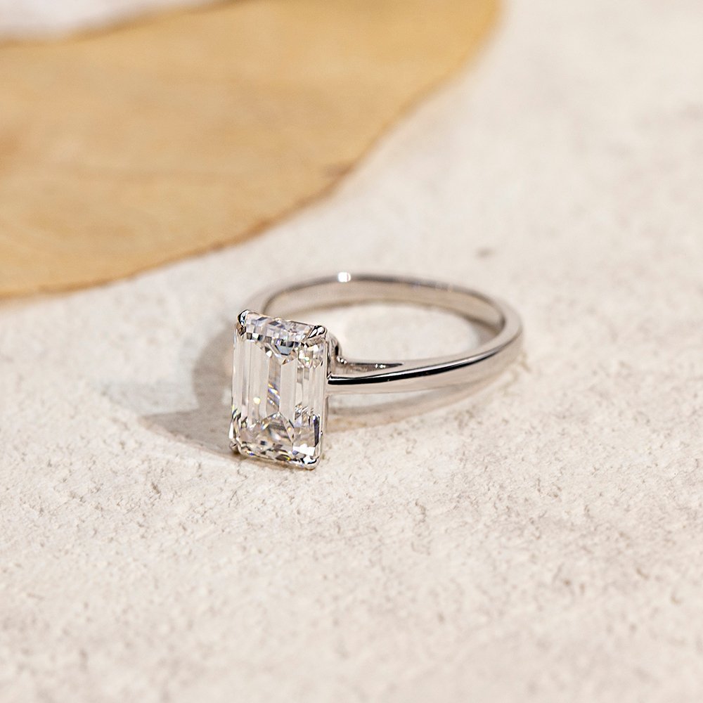 Aurora Geometry Emerald Cut Lab Grown Diamond 3CT Solitaire E VVS2 18K White Gold Ring MSR-1680