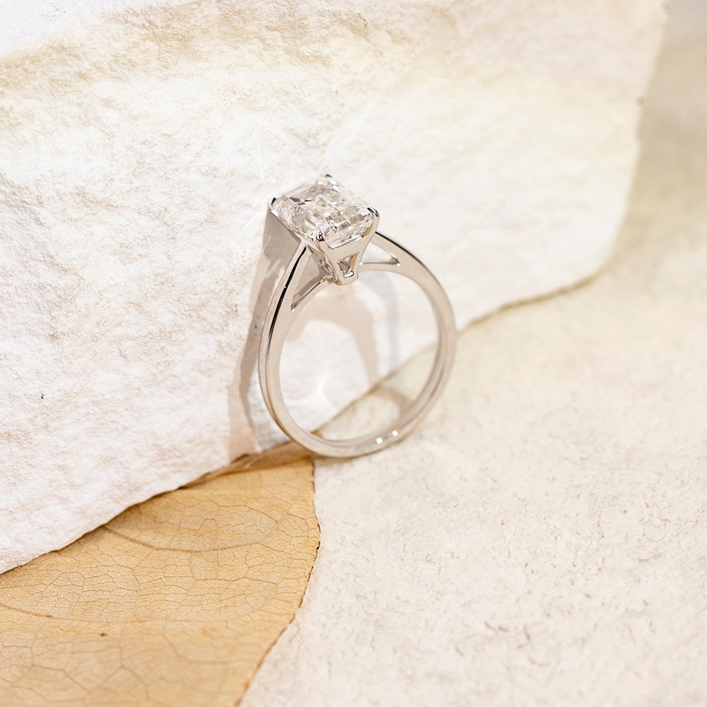 Aurora Geometry Emerald Cut Lab Grown Diamond 3CT Solitaire E VVS2 18K White Gold Ring MSR-1680