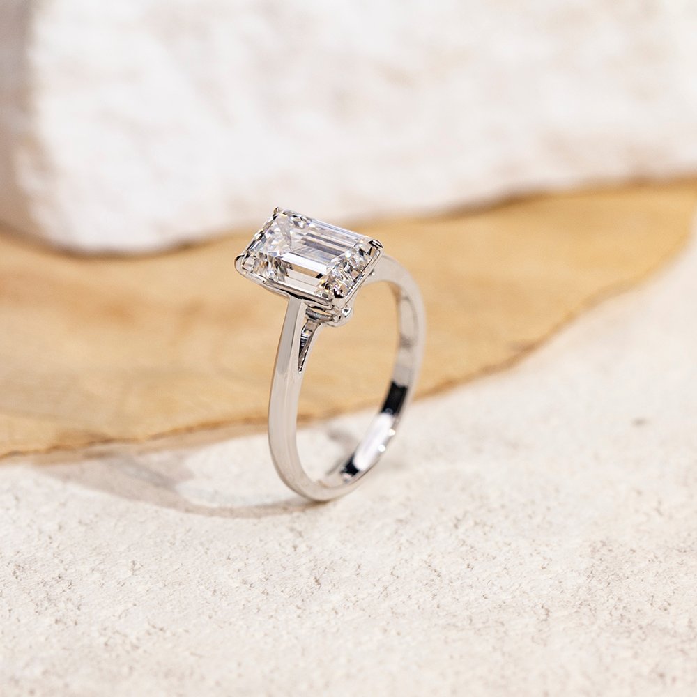 Aurora Geometry Emerald Cut Lab Grown Diamond 3CT Solitaire E VVS2 18K White Gold Ring MSR-1680