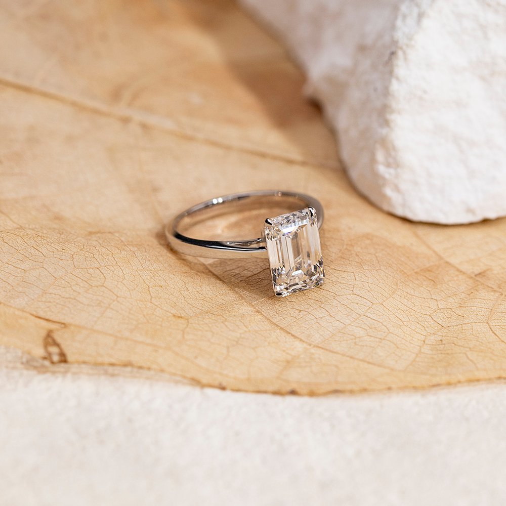 Aurora Geometry Emerald Cut Lab Grown Diamond 3CT Solitaire E VVS2 18K White Gold Ring MSR-1680