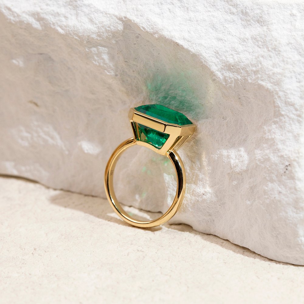 Aurora Geometry Emerald Cut Lab Grown Emerald 3CT Solitaire 18K Yellow Gold Ring MSR-1422
