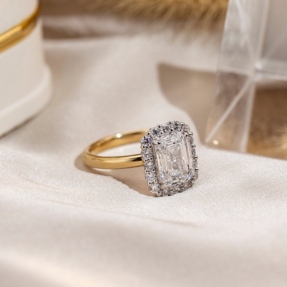 Aurora Geometry Emerald Cut Lab Grown Diamond 2.2CT Halo E VS1 18K Yellow Gold Ring MSR-1683