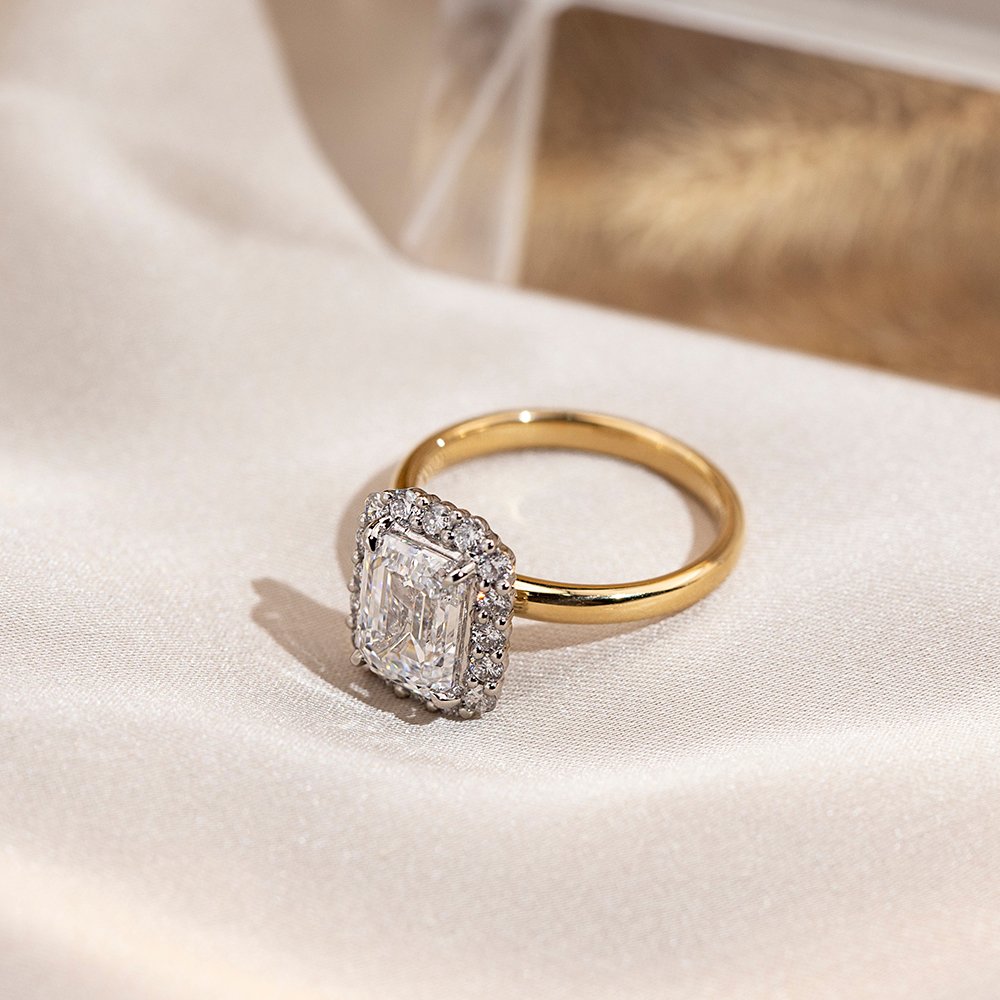 Aurora Geometry Emerald Cut Lab Grown Diamond 2.2CT Halo E VS1 18K Yellow Gold Ring MSR-1683