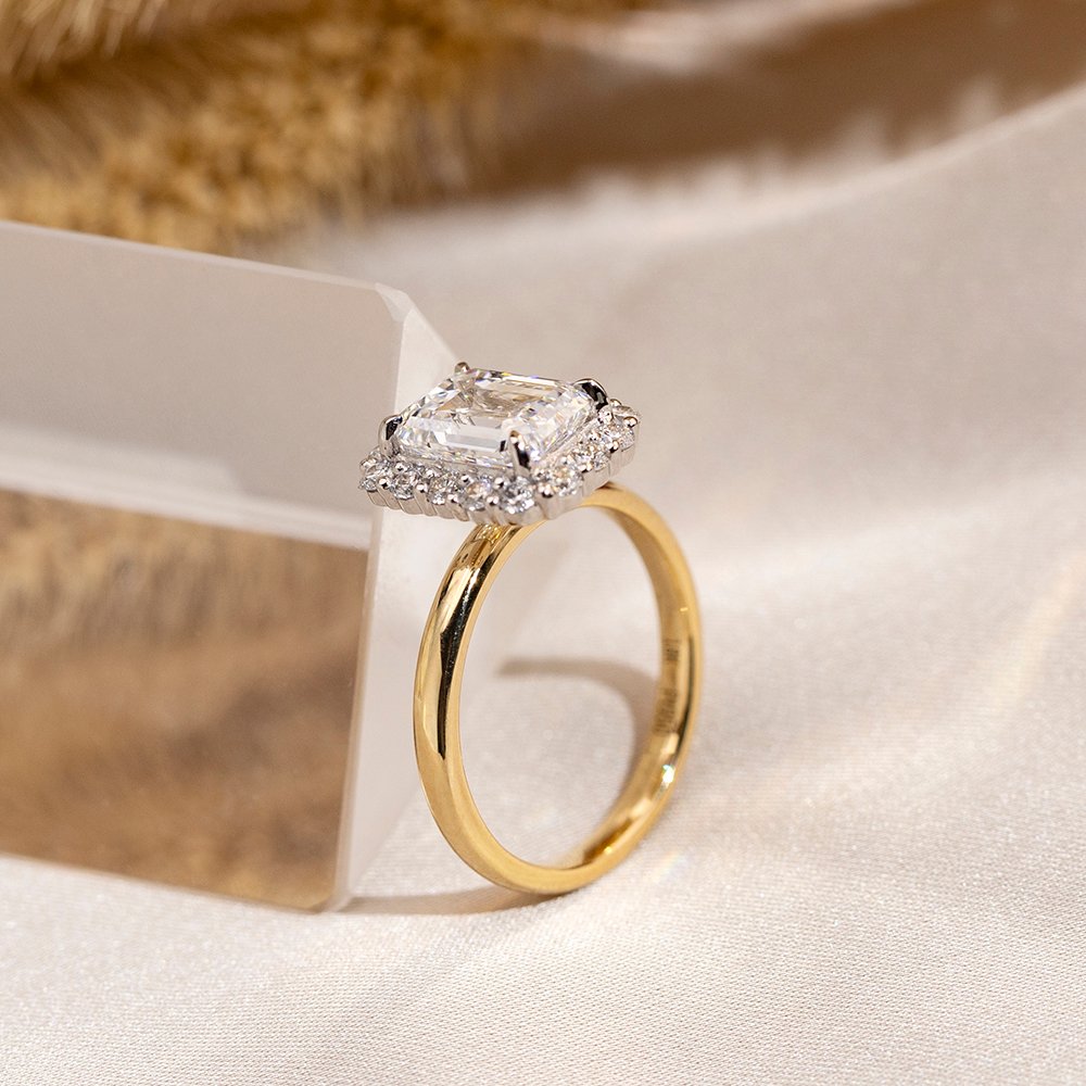 Aurora Geometry Emerald Cut Lab Grown Diamond 2.2CT Halo E VS1 18K Yellow Gold Ring MSR-1683