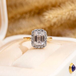 Aurora Geometry Emerald Cut Lab Grown Diamond 2.2CT Halo E VS1 18K Yellow Gold Ring MSR-1683