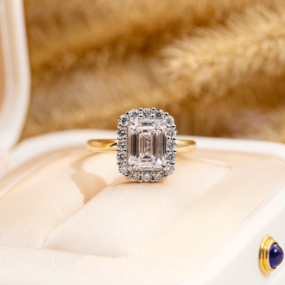 Aurora Geometry Emerald Cut Lab Grown Diamond 2.2CT Halo E VS1 18K Yellow Gold Ring MSR-1683