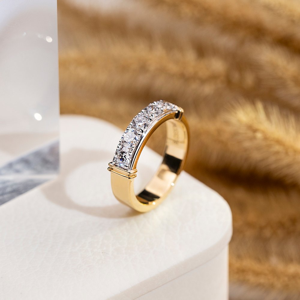 Aurora Geometry Round Cut Lab Grown Diamond Half Eternity D VVS 18K Yellow Gold Ring MSR-1682