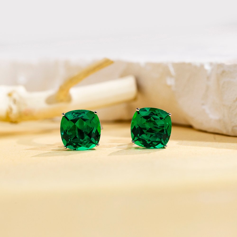 Aurora Geometry Cushion Shape Lab Emerald 10K White Gold Studs Earrings MSE-779