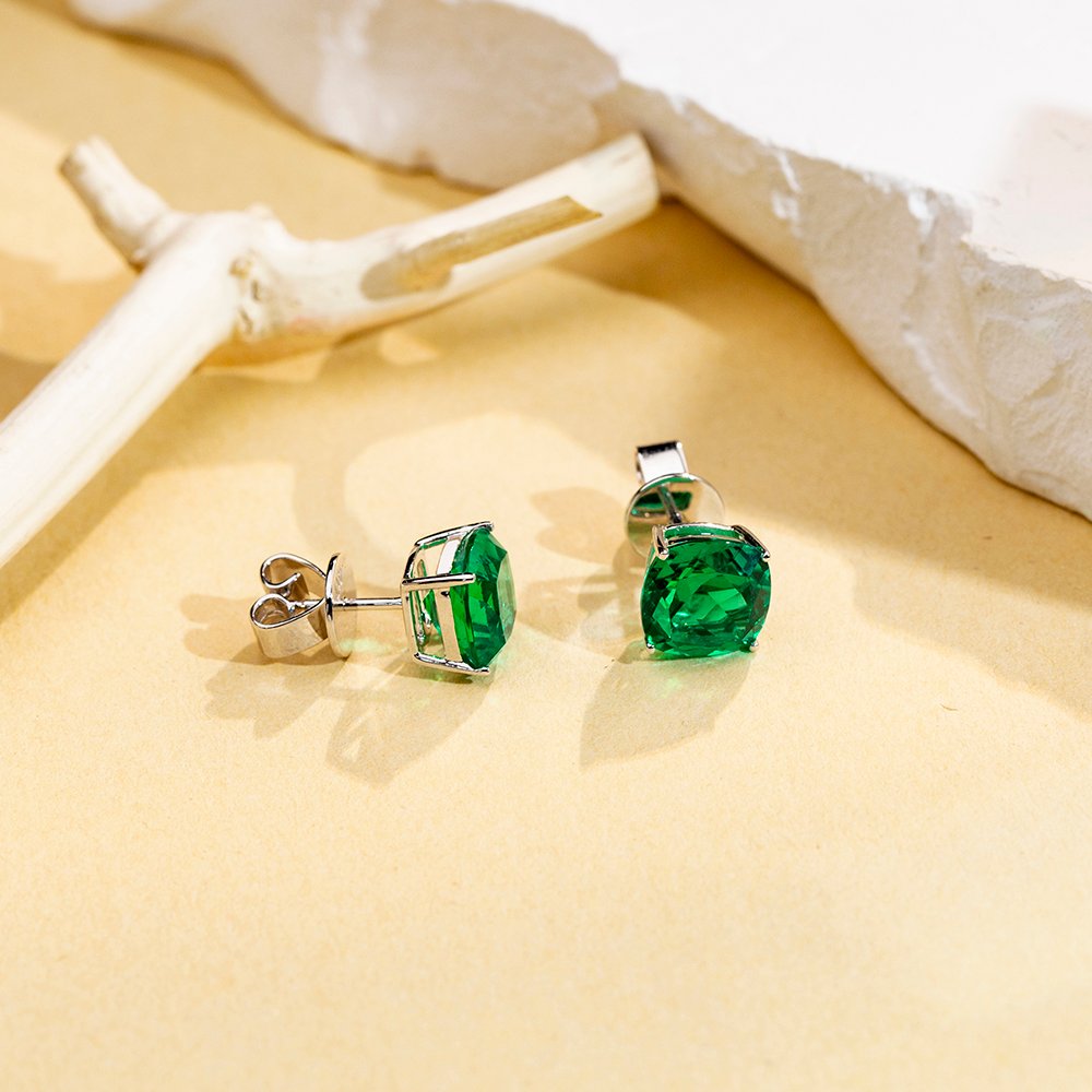 Aurora Geometry Cushion Shape Lab Emerald 10K White Gold Studs Earrings MSE-779
