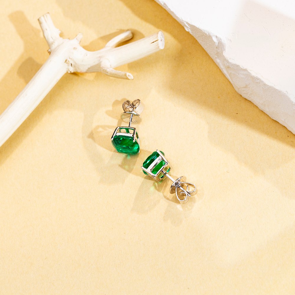 Aurora Geometry Cushion Shape Lab Emerald 10K White Gold Studs Earrings MSE-779