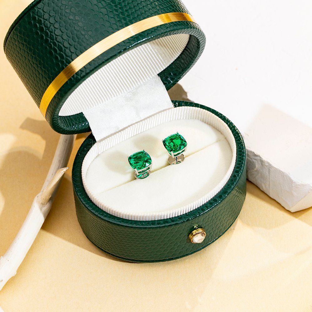 Aurora Geometry Cushion Shape Lab Emerald 10K White Gold Studs Earrings MSE-779