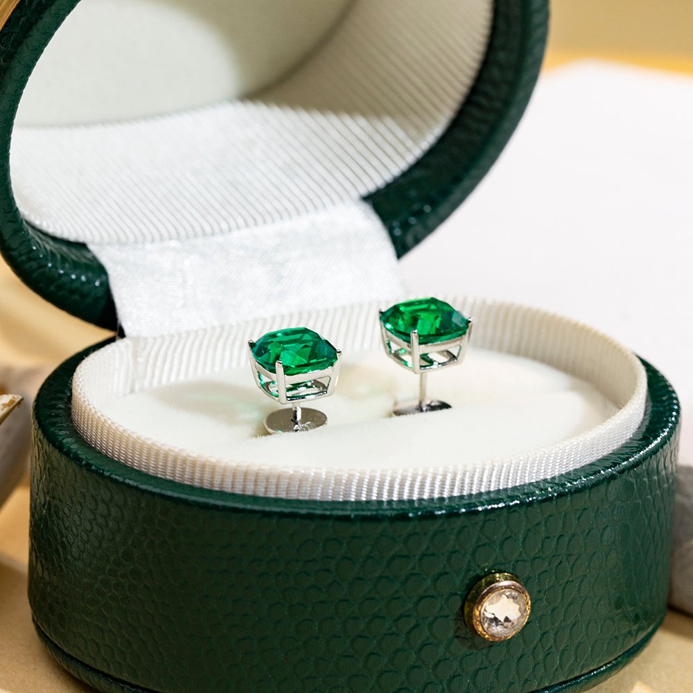 Aurora Geometry Cushion Shape Lab Emerald 10K White Gold Studs Earrings MSE-779