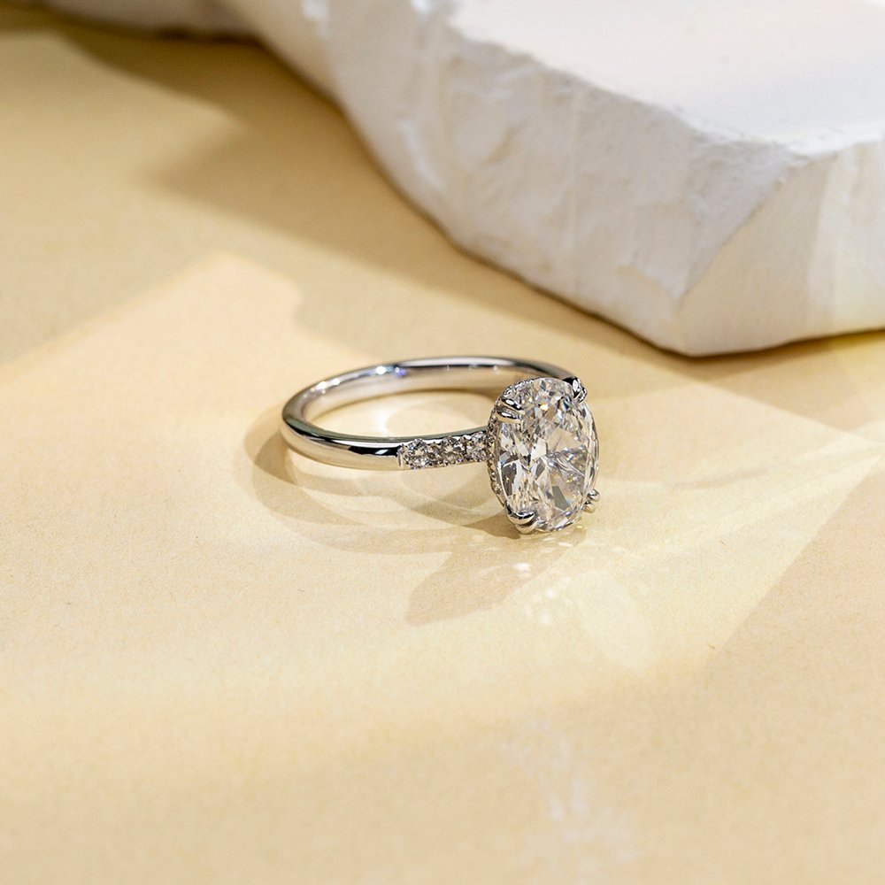 Aurora Geometry Oval Cut Lab Grown Diamond 2CT Halo E VVS2 18K White Gold Ring MSR-1687