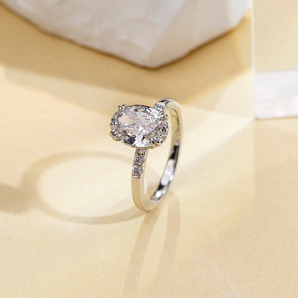 Aurora Geometry Oval Cut Lab Grown Diamond 2CT Halo E VVS2 18K White Gold Ring MSR-1687