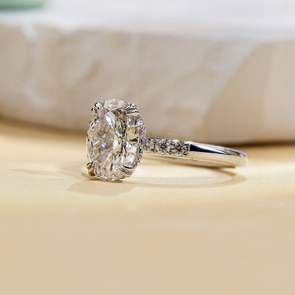 Aurora Geometry Oval Cut Lab Grown Diamond 2CT Halo E VVS2 18K White Gold Ring MSR-1687