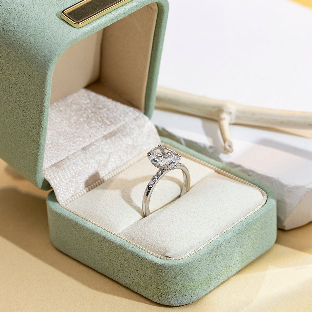 Aurora Geometry Oval Cut Lab Grown Diamond 2CT Halo E VVS2 18K White Gold Ring MSR-1687