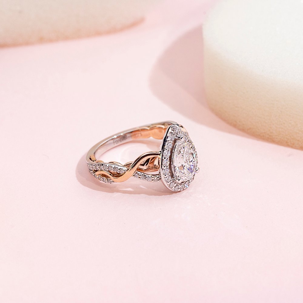 Aurora Geometry Pear Cut Lab Grown Diamond 1CT Halo E VVS2 10K White Gold Ring MSR-1688