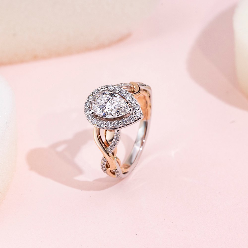 Aurora Geometry Pear Cut Lab Grown Diamond 1CT Halo E VVS2 10K White Gold Ring MSR-1688