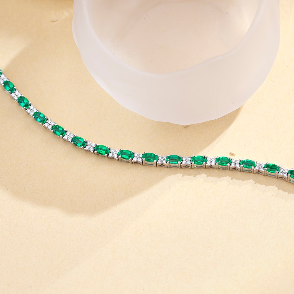 Aurora Geometry Oval Shape Lab Emerald 18K White Gold 160mm Tennis Bracelet MSB-627