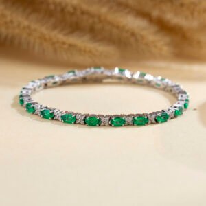 Aurora Geometry Oval Shape Lab Emerald 18K White Gold 160mm Tennis Bracelet MSB-627