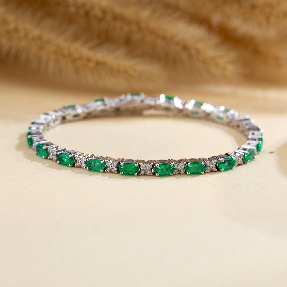 Aurora Geometry Oval Shape Lab Emerald 18K White Gold 160mm Tennis Bracelet MSB-627