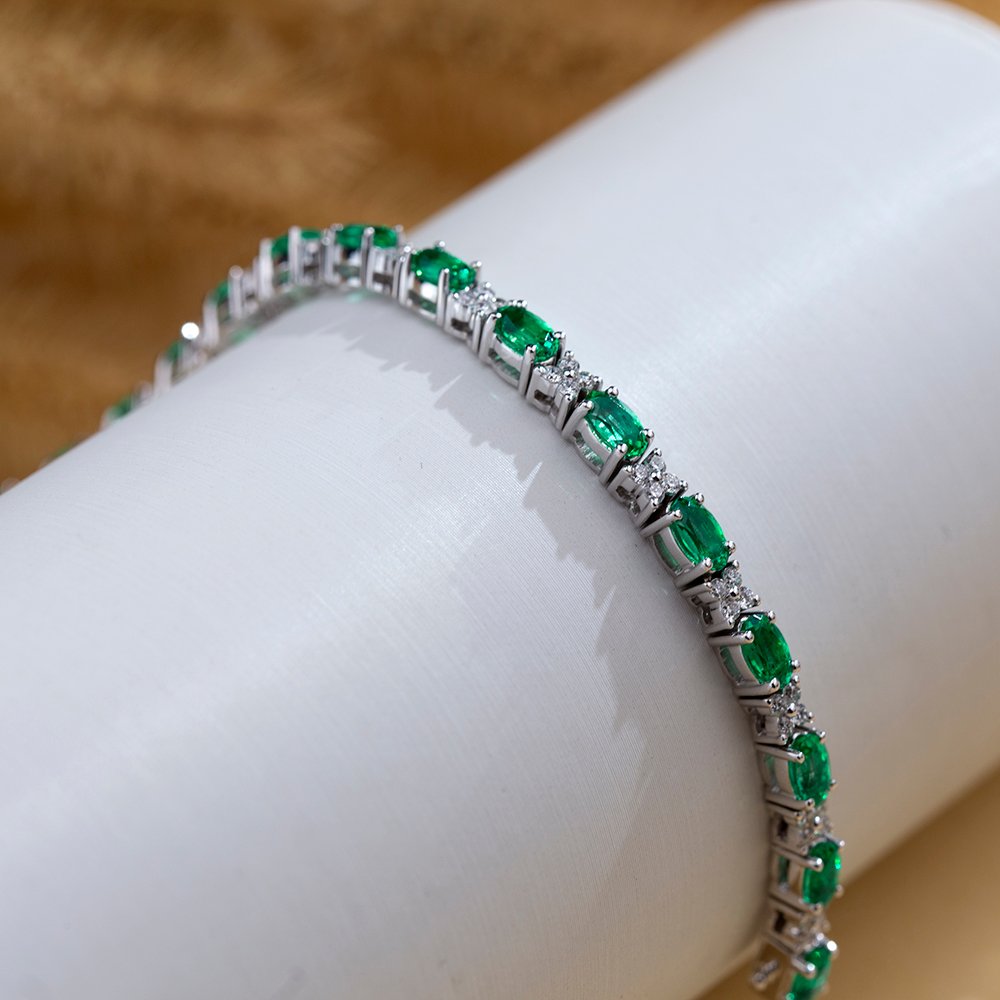 Aurora Geometry Oval Shape Lab Emerald 18K White Gold 160mm Tennis Bracelet MSB-627