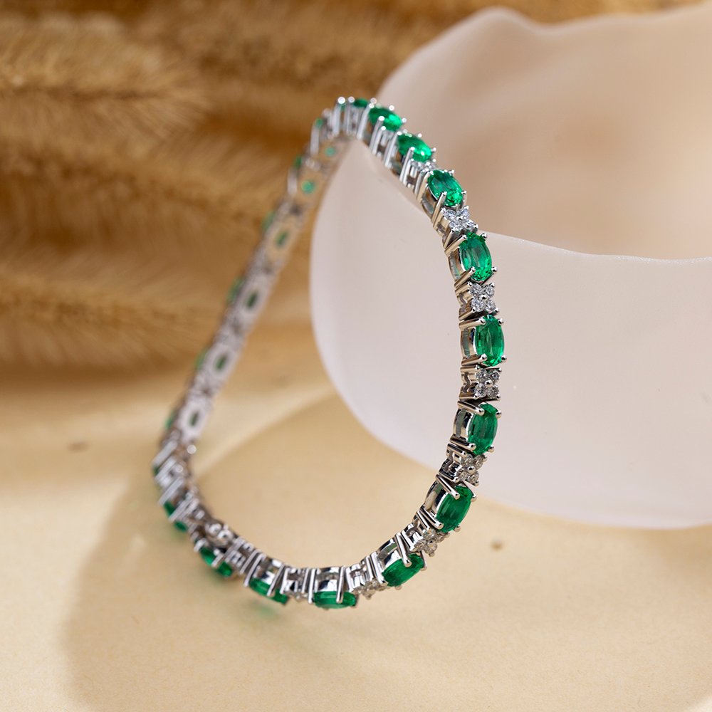 Aurora Geometry Oval Shape Lab Emerald 18K White Gold 160mm Tennis Bracelet MSB-627