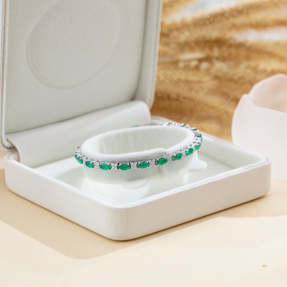 Aurora Geometry Oval Shape Lab Emerald 18K White Gold 160mm Tennis Bracelet MSB-627