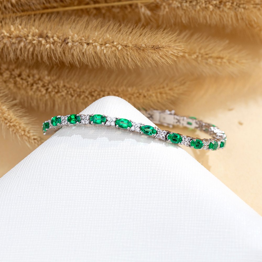 Aurora Geometry Oval Shape Lab Emerald 18K White Gold 160mm Tennis Bracelet MSB-627