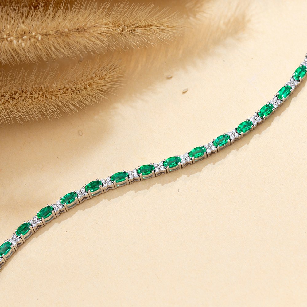 Aurora Geometry Oval Shape Lab Emerald 18K White Gold 160mm Tennis Bracelet MSB-627
