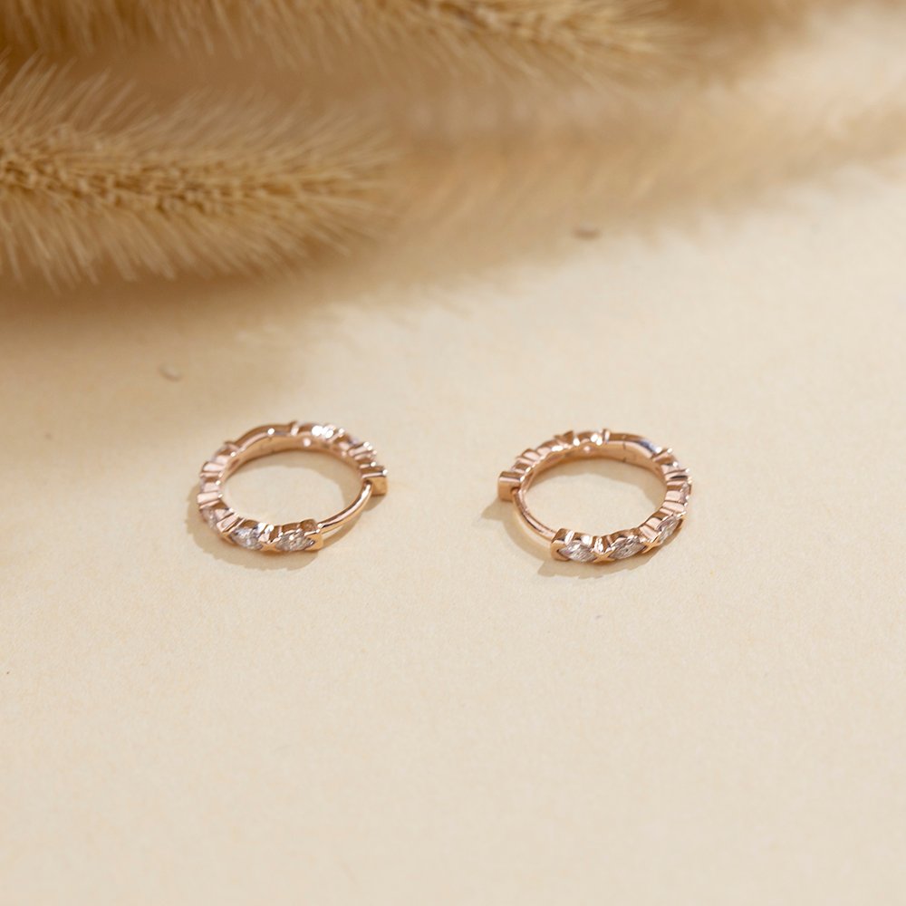 Aurora Geometry Marquise Shape Lab Grown Diamond D VVS2 18K Rose Gold Huggies Earrings MSE-781