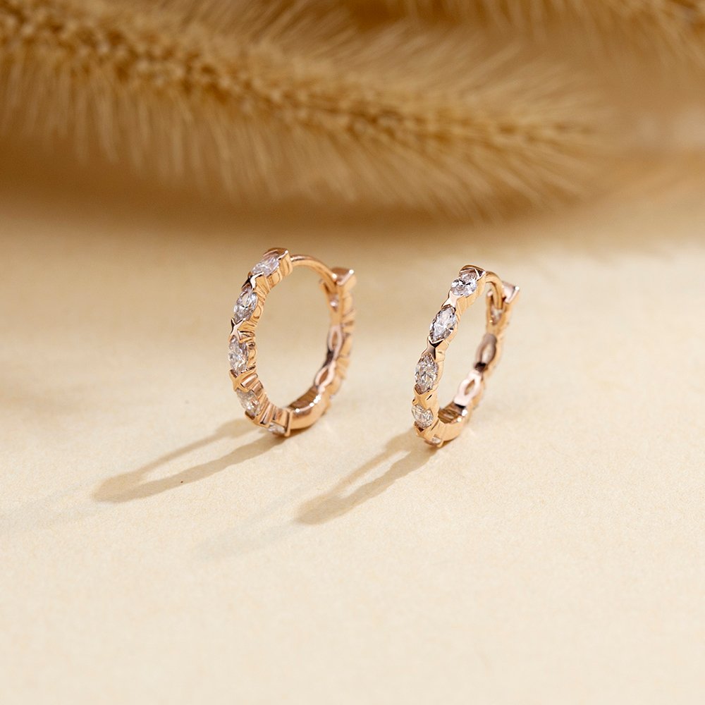 Aurora Geometry Marquise Shape Lab Grown Diamond D VVS2 18K Rose Gold Huggies Earrings MSE-781