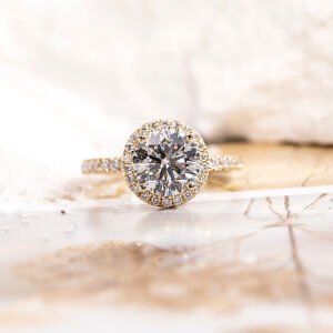 Aurora Geometry Round Cut Lab Grown Diamond 1.66CT D VS1 9K Yellow Gold Halo Ring MDR-0005