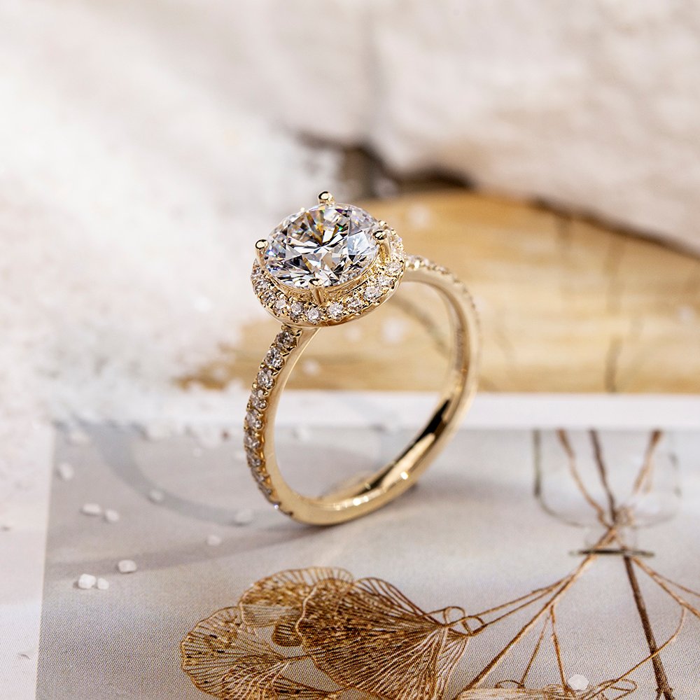 Aurora Geometry Round Cut Lab Grown Diamond 1.66CT D VS1 9K Yellow Gold Halo Ring MDR-0005