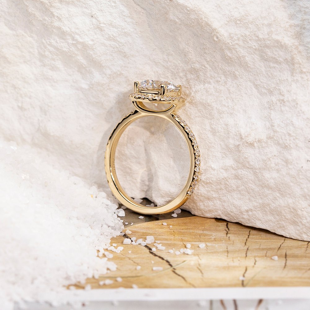 Aurora Geometry Round Cut Lab Grown Diamond 1.66CT D VS1 9K Yellow Gold Halo Ring MDR-0005