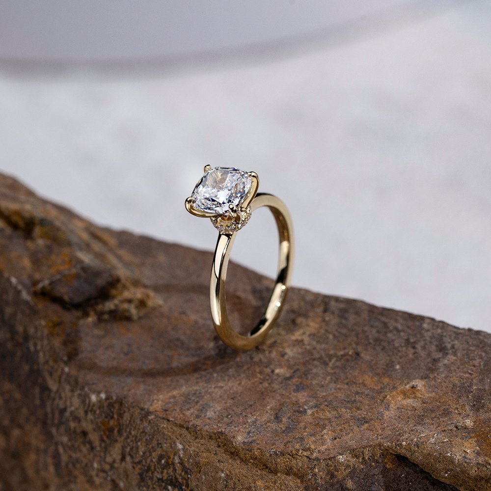 Aurora Geometry Cushion Cut Lab Grown Diamond 1.5CT Solitaire D VVS2 18K Yellow Gold Ring MSR-1699