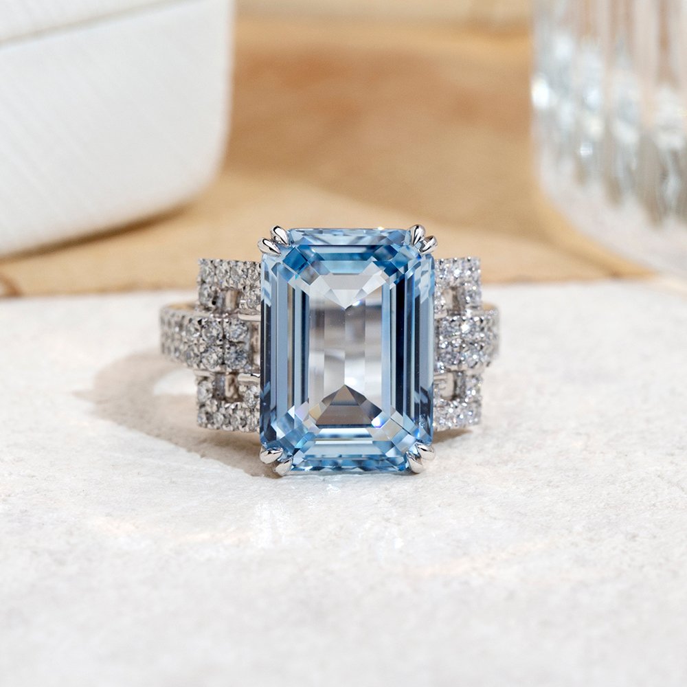 Aurora Geometry Emerald Cut Lab Grown Aquamarine 10CT Solitaire PT950 Ring MSR-1691